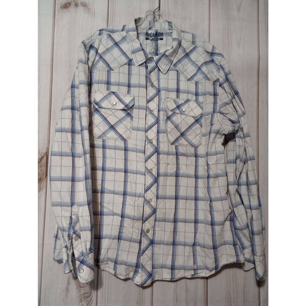 Reclaim Relaxed‎ Mens XXL Blue White Plaid Pearl Snap Western Long Sleeve Shirt